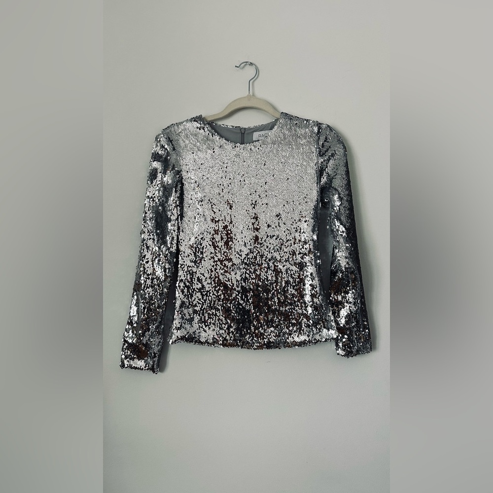 RACIL Silver Sequin Long Sleeve Blouse XS